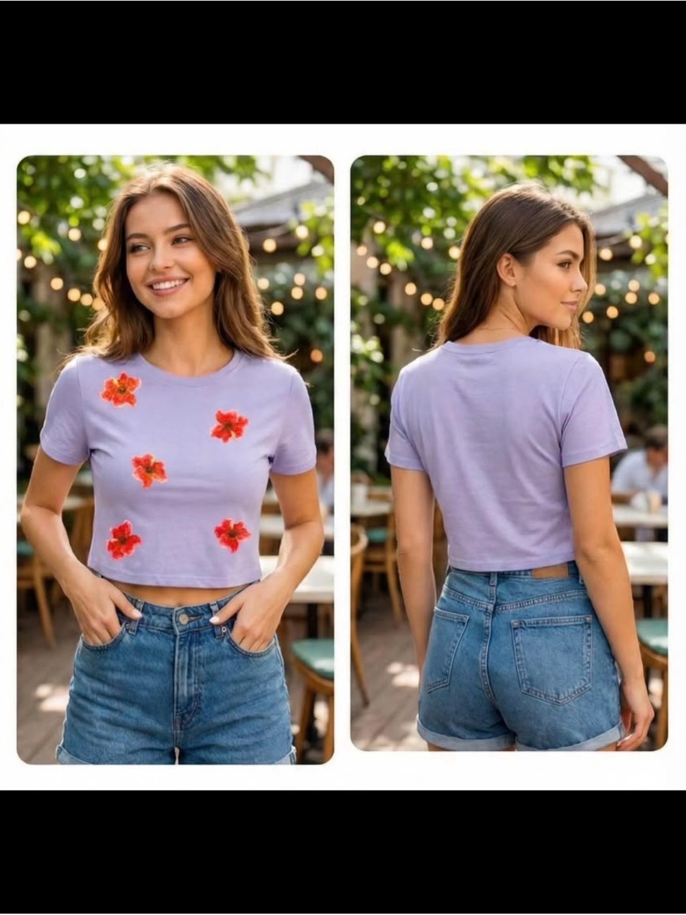 Lavender Floral Appliqué Crop Tee - Lavender